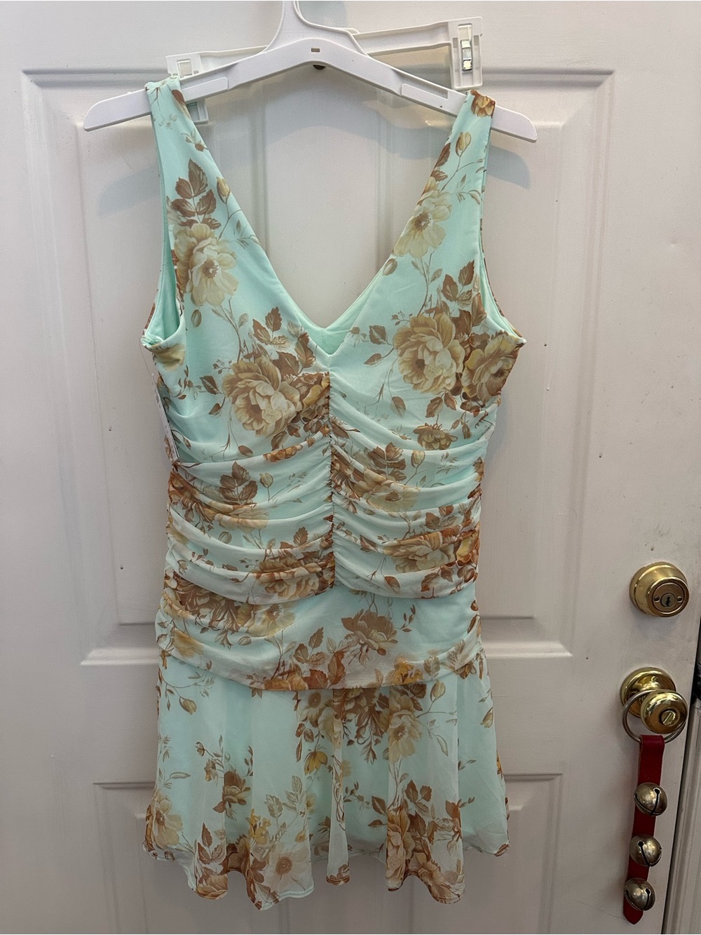 Abercrombie & Fitch Mint Floral Ruched V-Neck Mini Dress